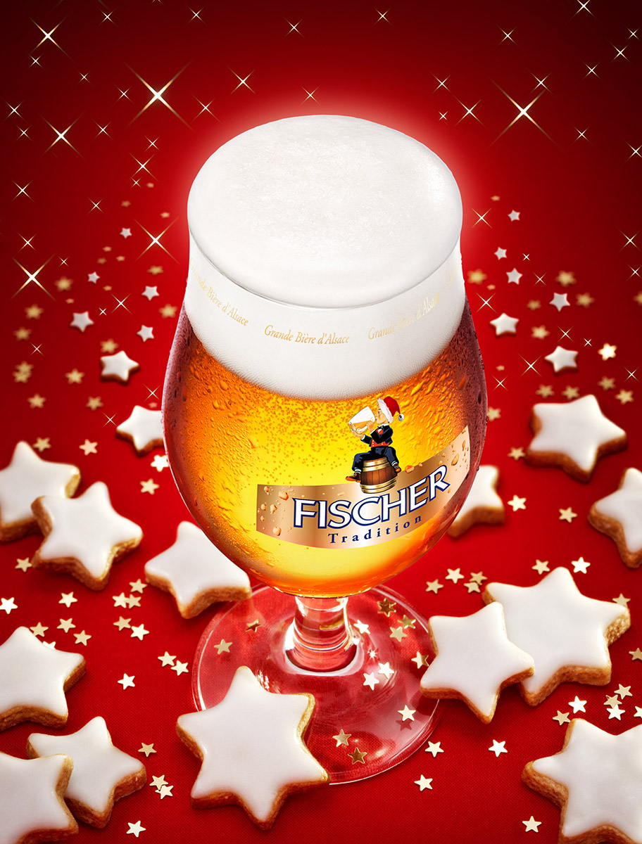 Campagne publicitaire bière Fischer Tradition, bredele, biscuits de Noël étoiles