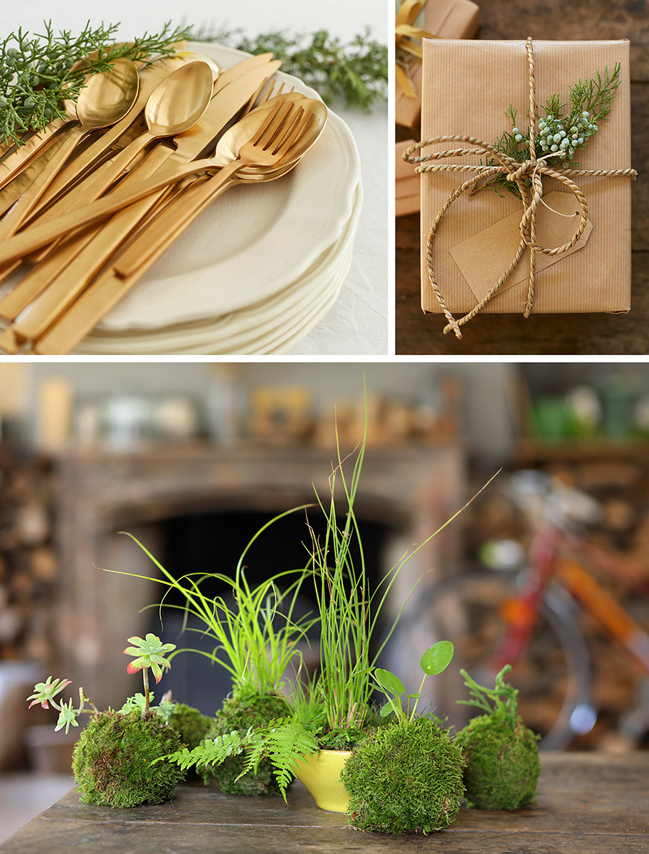 Couverts de fête, cadeaux fraft et kokedama, boules de mousse