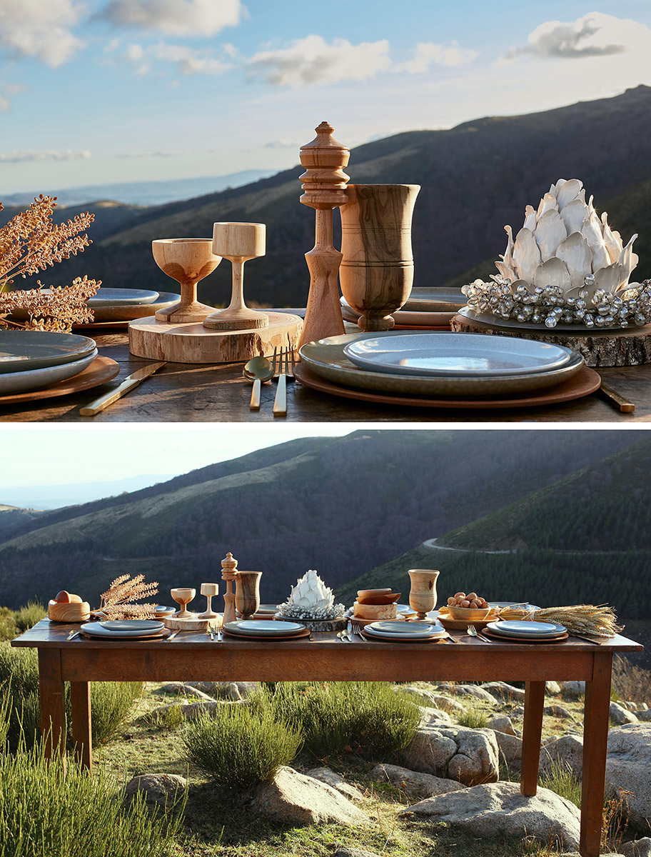 Table de fête dehors, en montagne, thême nature et bois tourné
